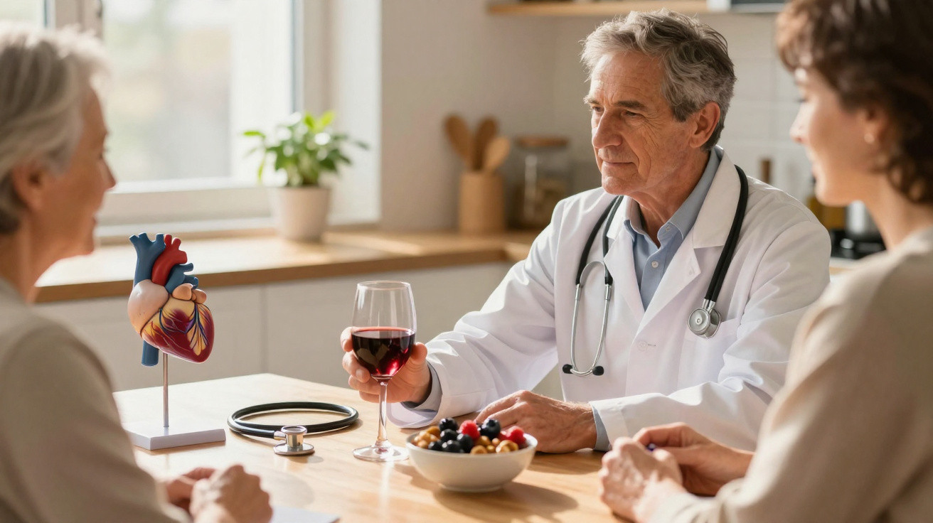 Médico conversa com duas mulheres, segurando copo de vinho, com modelo de coração e tigela de frutas à frente.