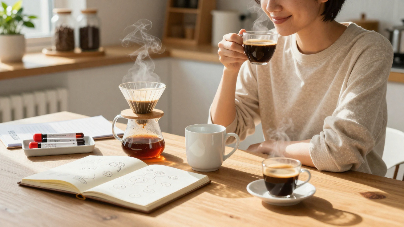 Mulher a saborear café quente numa mesa com cafeteira, caderno aberto e canecas.