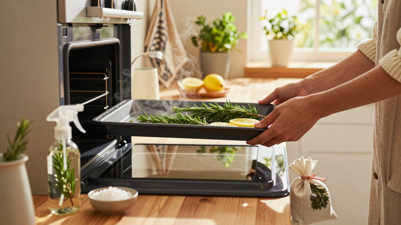Pessoa a colocar tabuleiro com ervas e limão num forno numa cozinha iluminada.