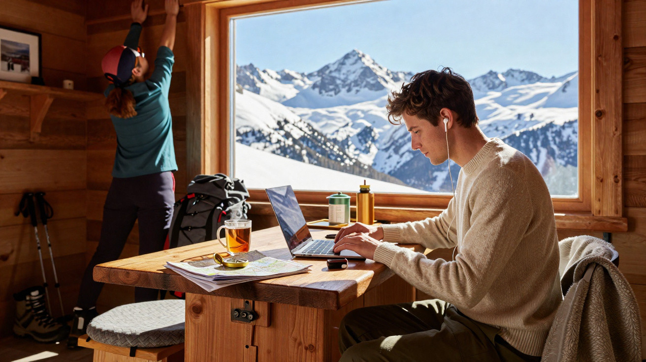 Homem a trabalhar num portátil numa cabana de madeira com vista para montanhas nevadas e mulher a esticar braços.