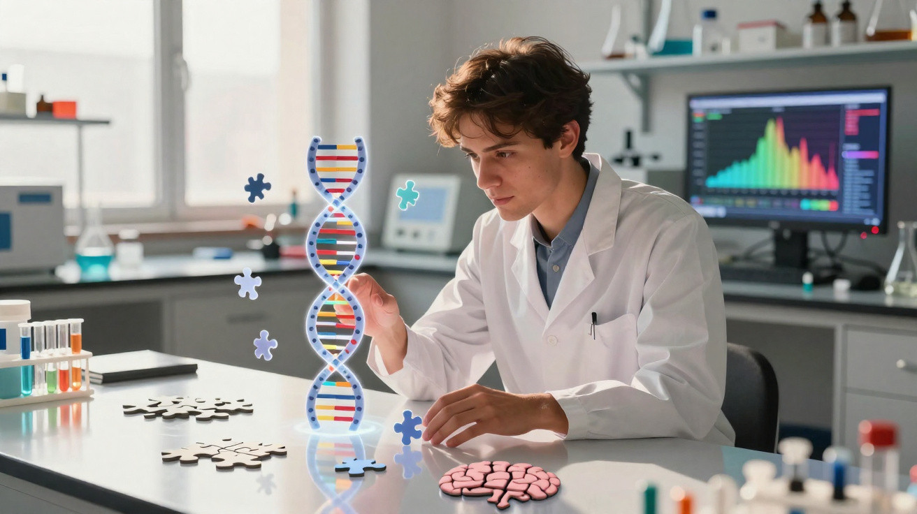Cientista jovem a montar um puzzle de ADN holográfico numa mesa de laboratório moderno.