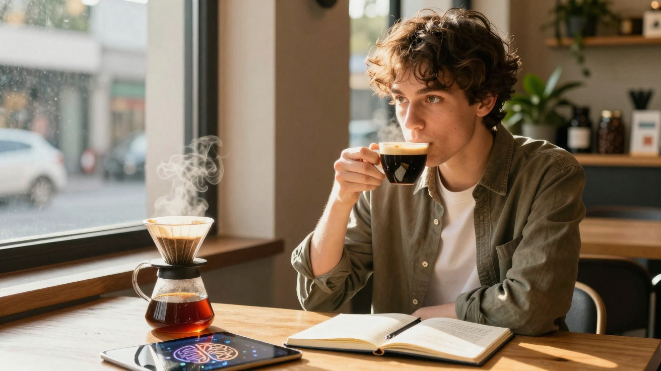 Jovem sentado numa mesa a beber café, com livro aberto e jarro de café a lume ao lado.