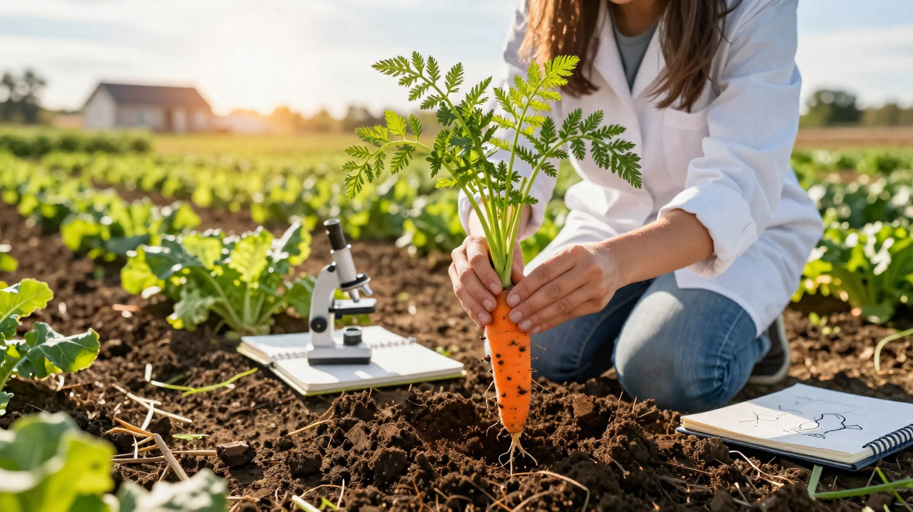 Pessoa com bata branca a colher cenoura num campo, com microscópio e caderno ao lado.