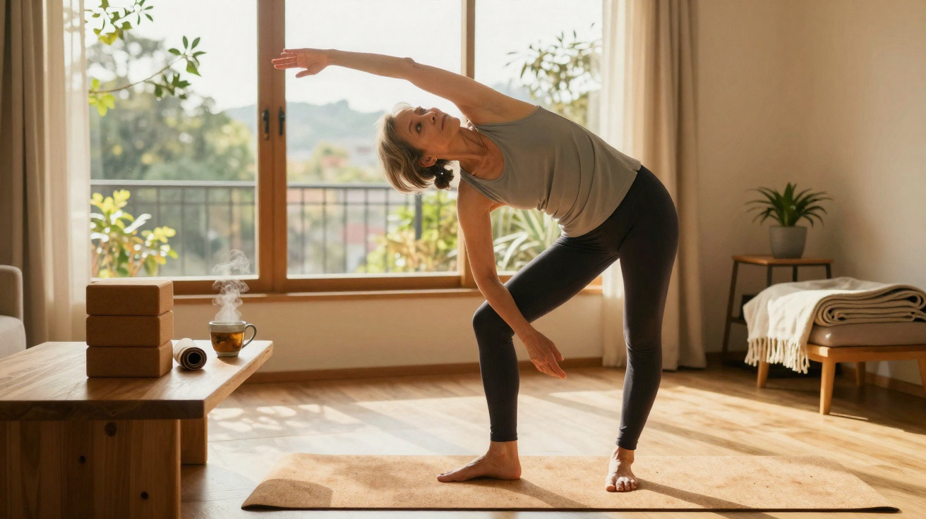 Mulher madura a fazer alongamentos de yoga numa sala luminosa com plantas e tapete de exercício.