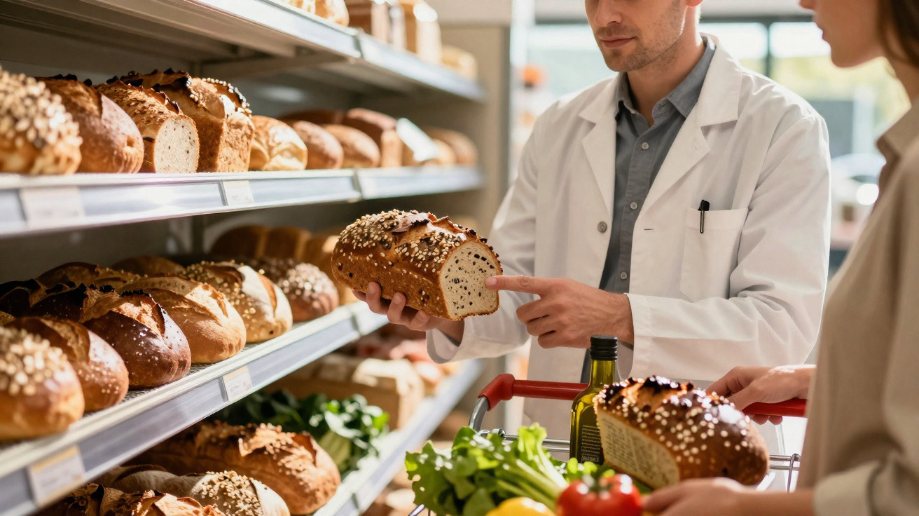 Homem a apontar para pão com sementes na mão, com prateleiras cheias de pães ao fundo, num supermercado.