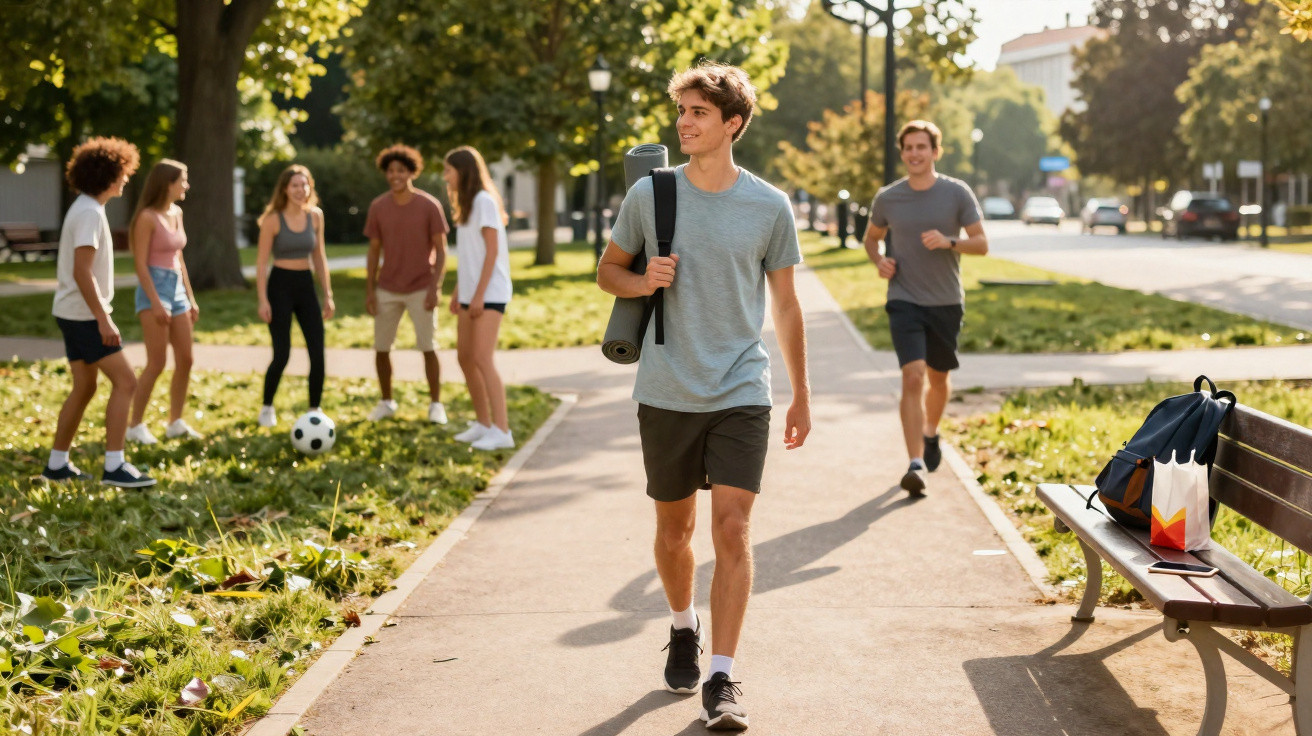 Jovem com mochila e tapete de yoga caminha num parque enquanto outros jovens jogam futebol ao fundo.