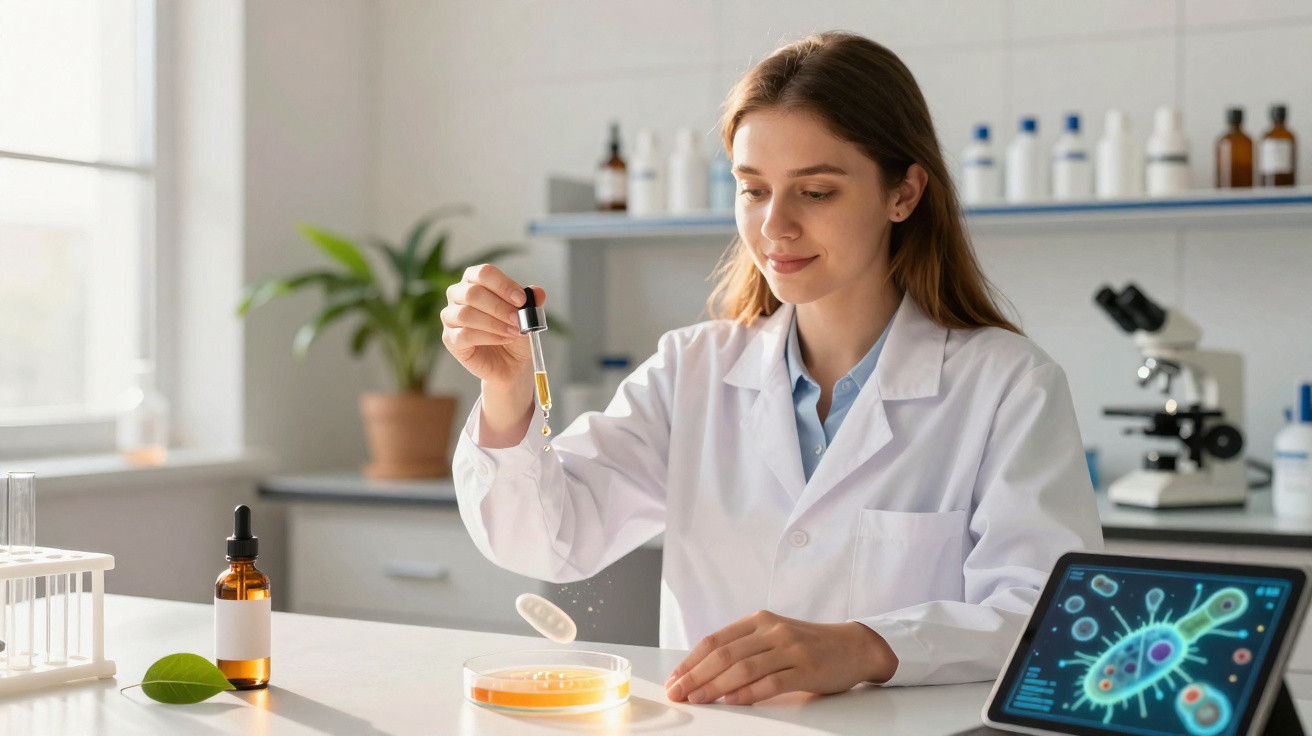 Mulher cientista com bata branca a usar pipeta para colocar líquido numa placa de Petri num laboratório moderno.
