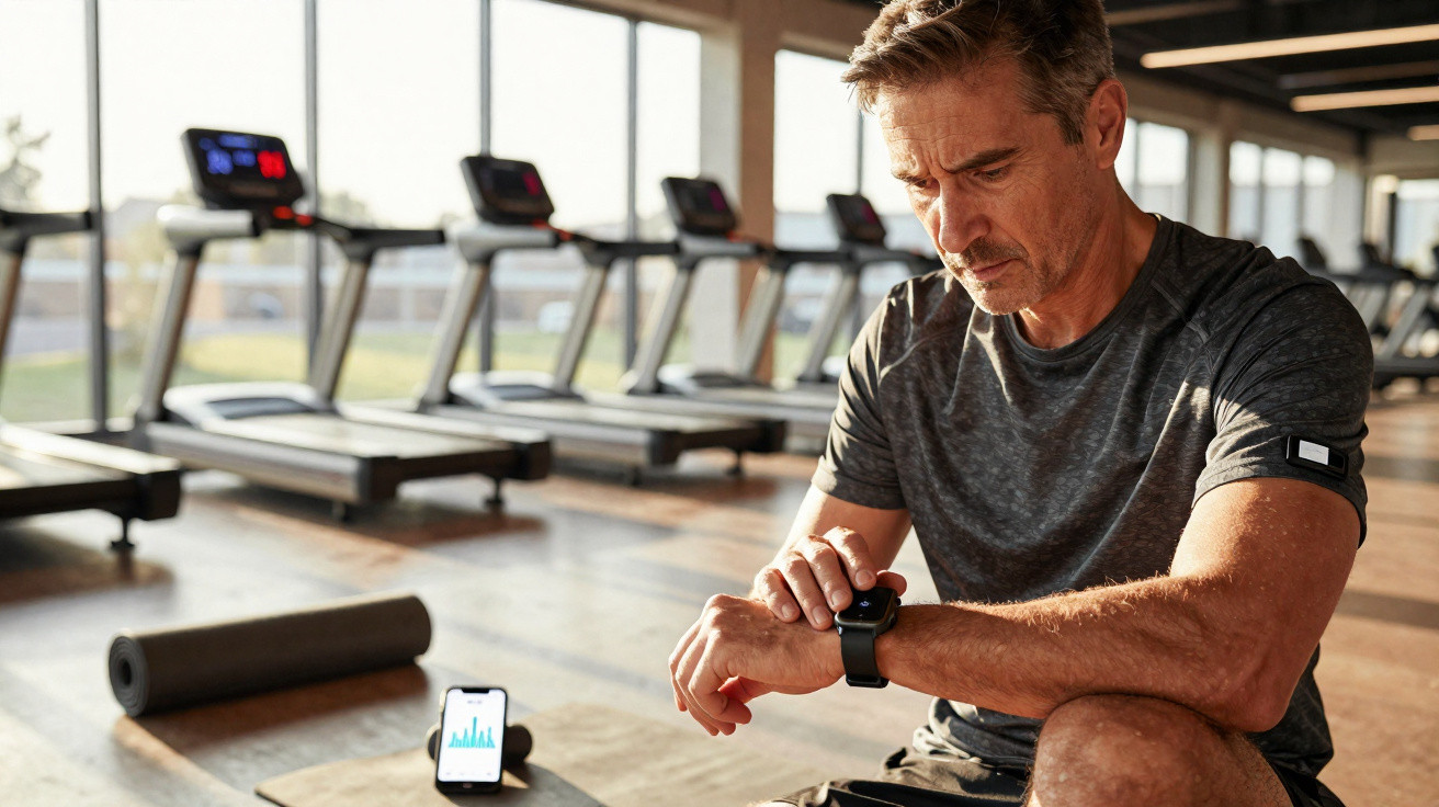 Homem sentado no ginásio a olhar para o smartwatch com tapete de yoga e passadeiras ao fundo.