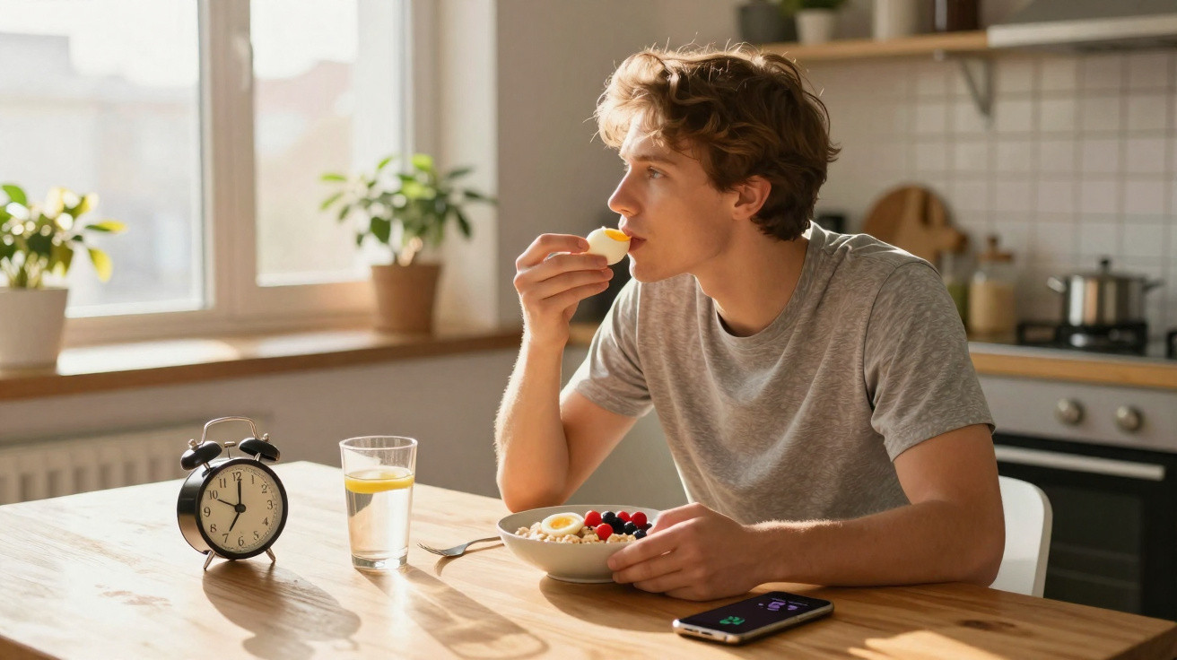 Jovem a comer ovo cozido ao pequeno-almoço numa cozinha iluminada pela luz natural da manhã.