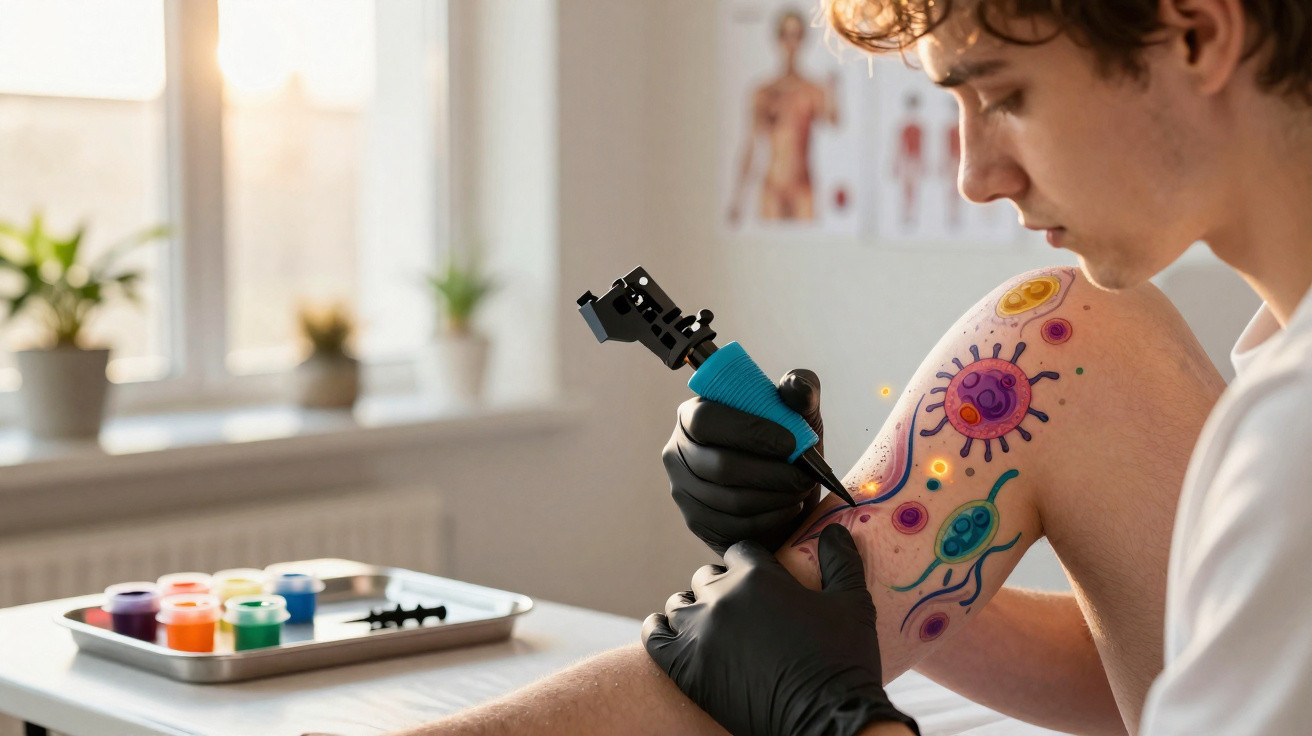 Pessoa a fazer uma tatuagem colorida de vírus e bactérias na coxa, com tinta e máquina de tatuar.