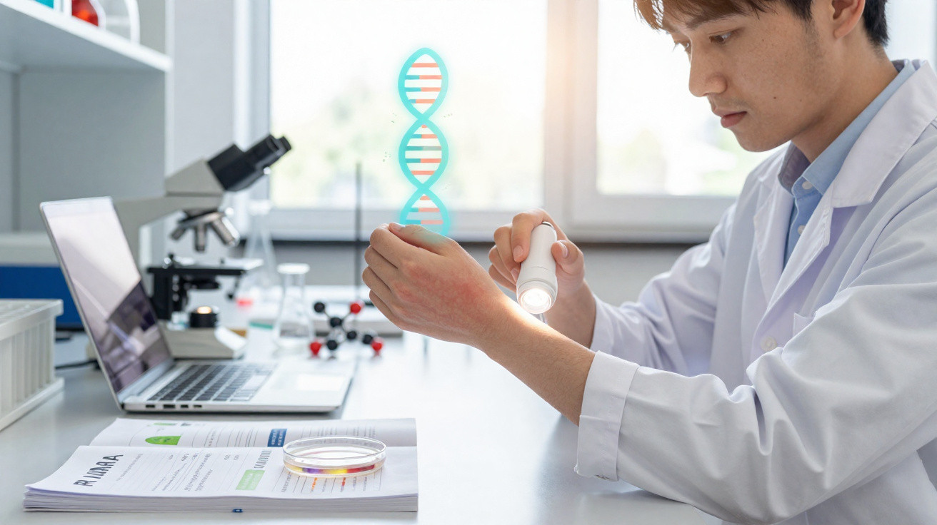 Cientista em laboratório a analisar cadeia de ADN projetada, com microscópio e laptop na mesa.