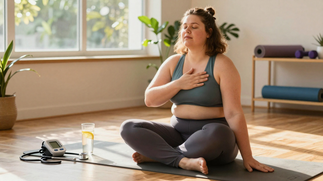 Mulher sentada em posição de yoga com mão no peito, praticando meditação num quarto iluminado.