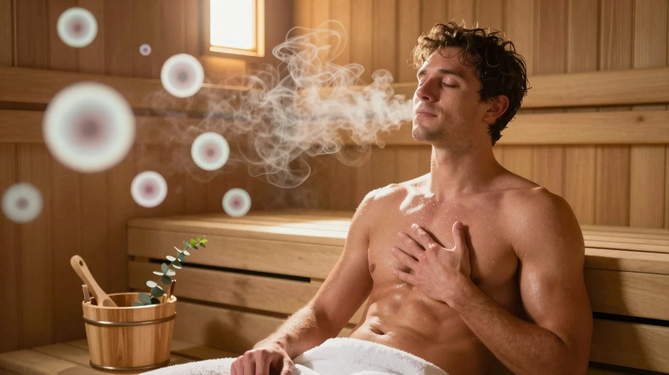 Homem relaxa numa sauna de madeira com toalha branca, rodeado por vapor quente aromatizado.