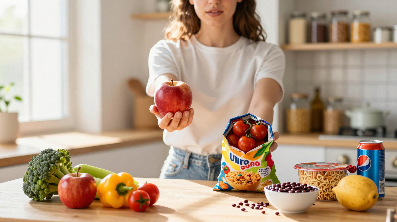 Pessoa oferece maçã vermelha, com legumes, frutas e alimentos variados numa cozinha iluminada.