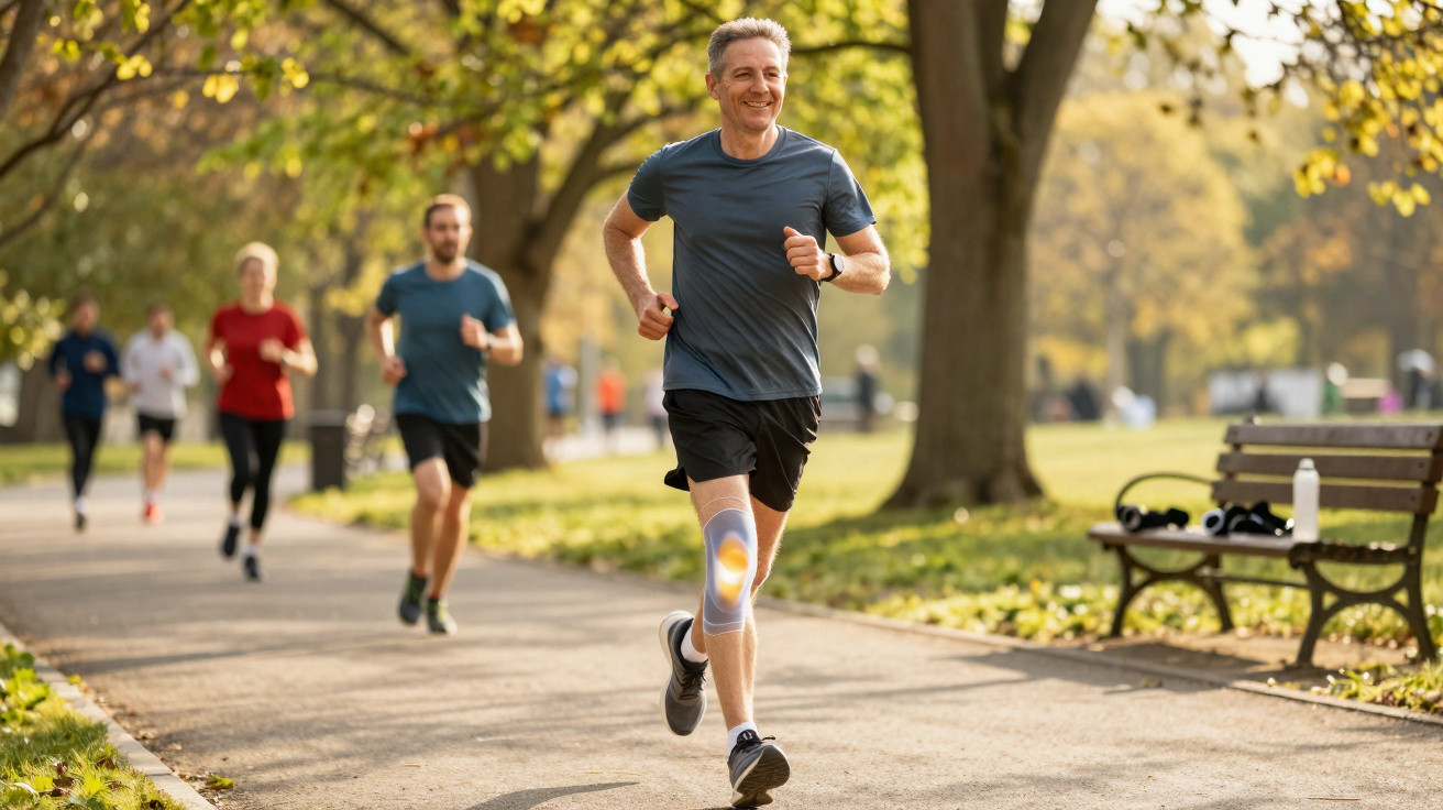 Homem a correr ao ar livre num parque com outras pessoas a correr ao fundo numa manhã ensolarada de outono.