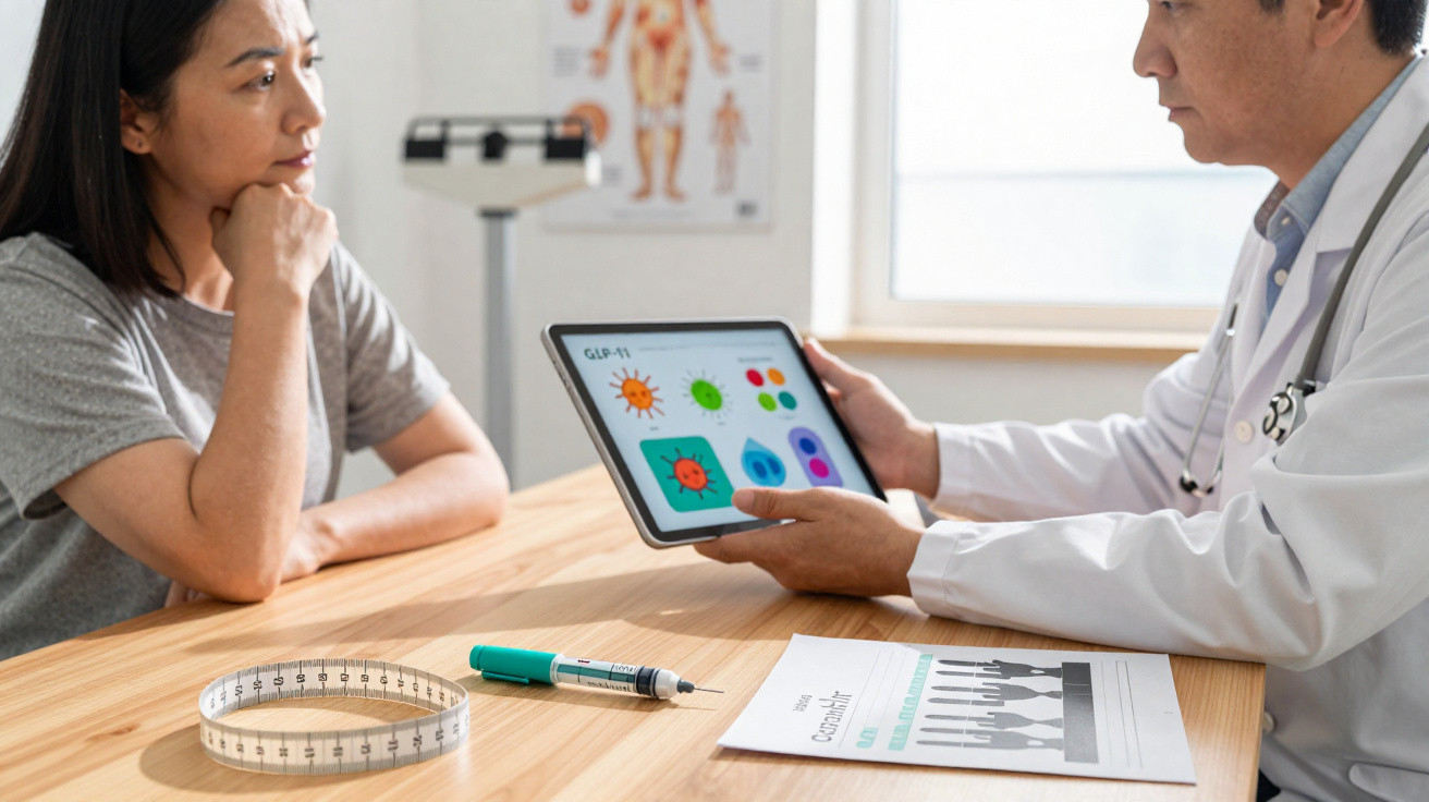 Médico mostra imagens de vírus numa tablet enquanto paciente escuta atentamente numa consulta.