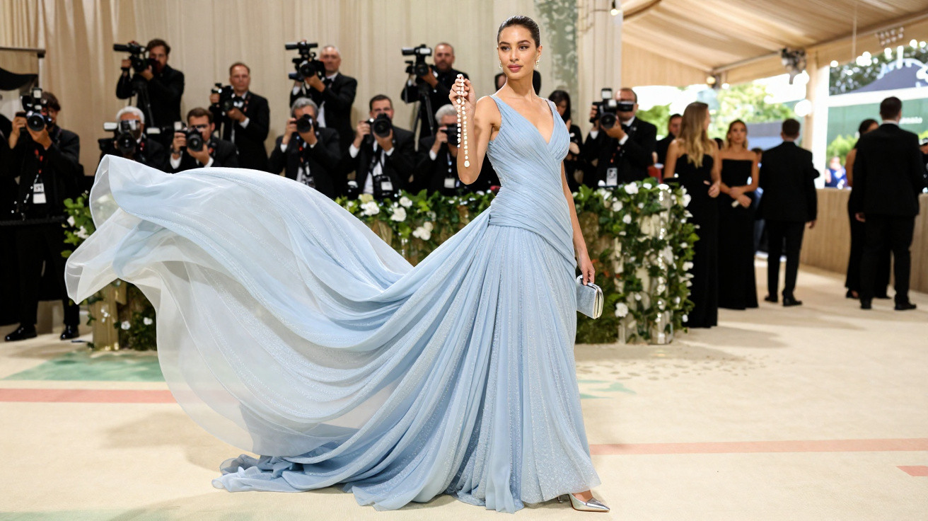 Mulher em vestido azul esvoaçante em tapete vermelho com fotógrafos ao fundo, segurando colar elegante.