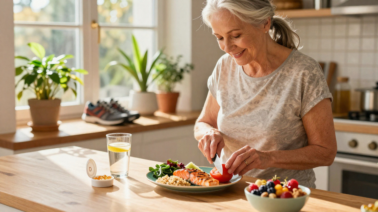 Mulher idosa a preparar salada saudável na cozinha iluminada pelo sol com prato de salmão e legumes.