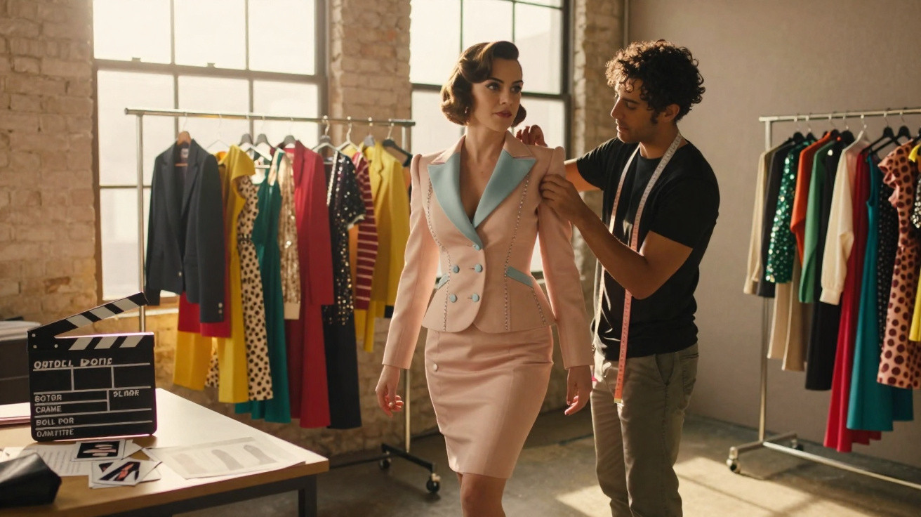 Designer ajusta traje rosa vintage em modelo numa sala com roupas penduradas atrás.
