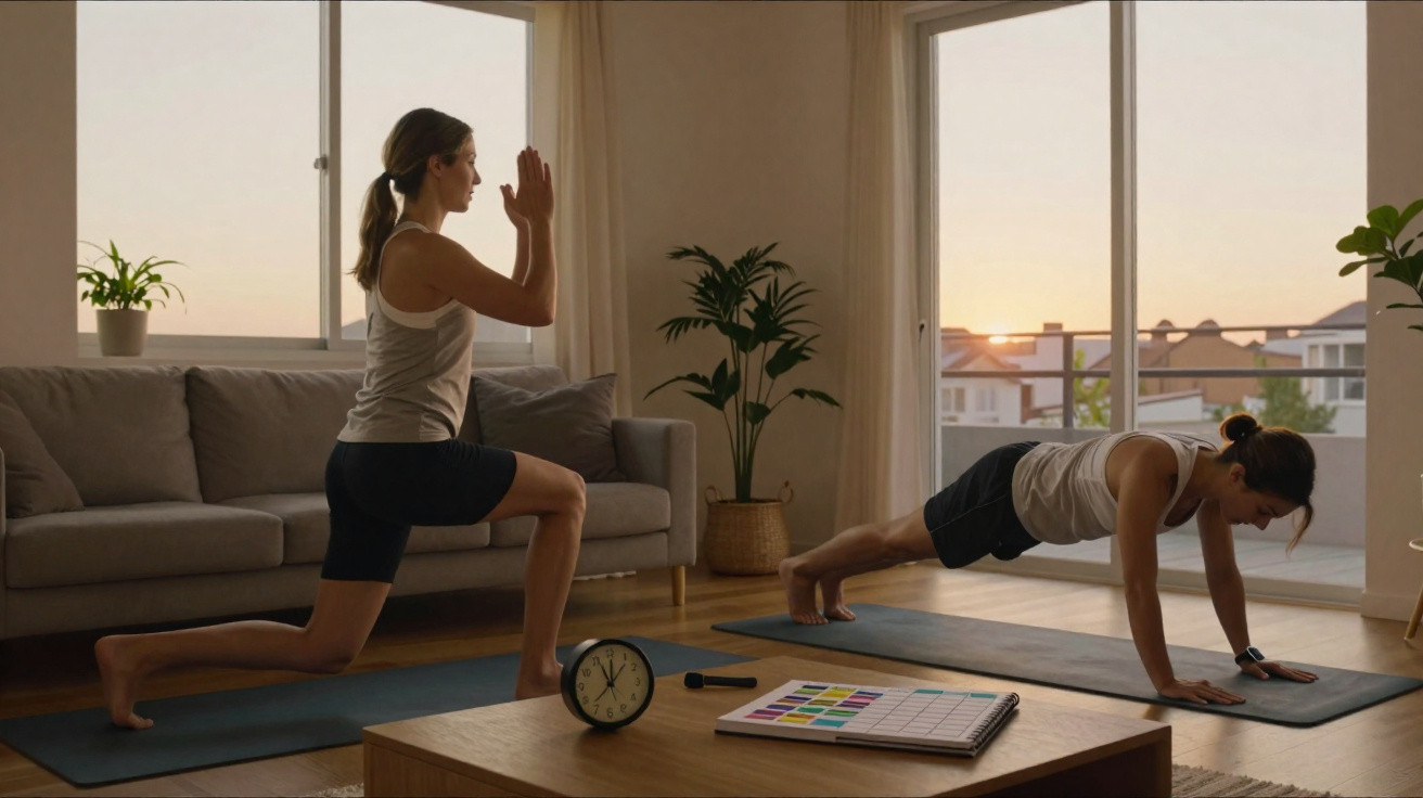 Duas mulheres fazem exercício em casa, uma em posição de prancha e outra em avanço, ao pôr do sol.