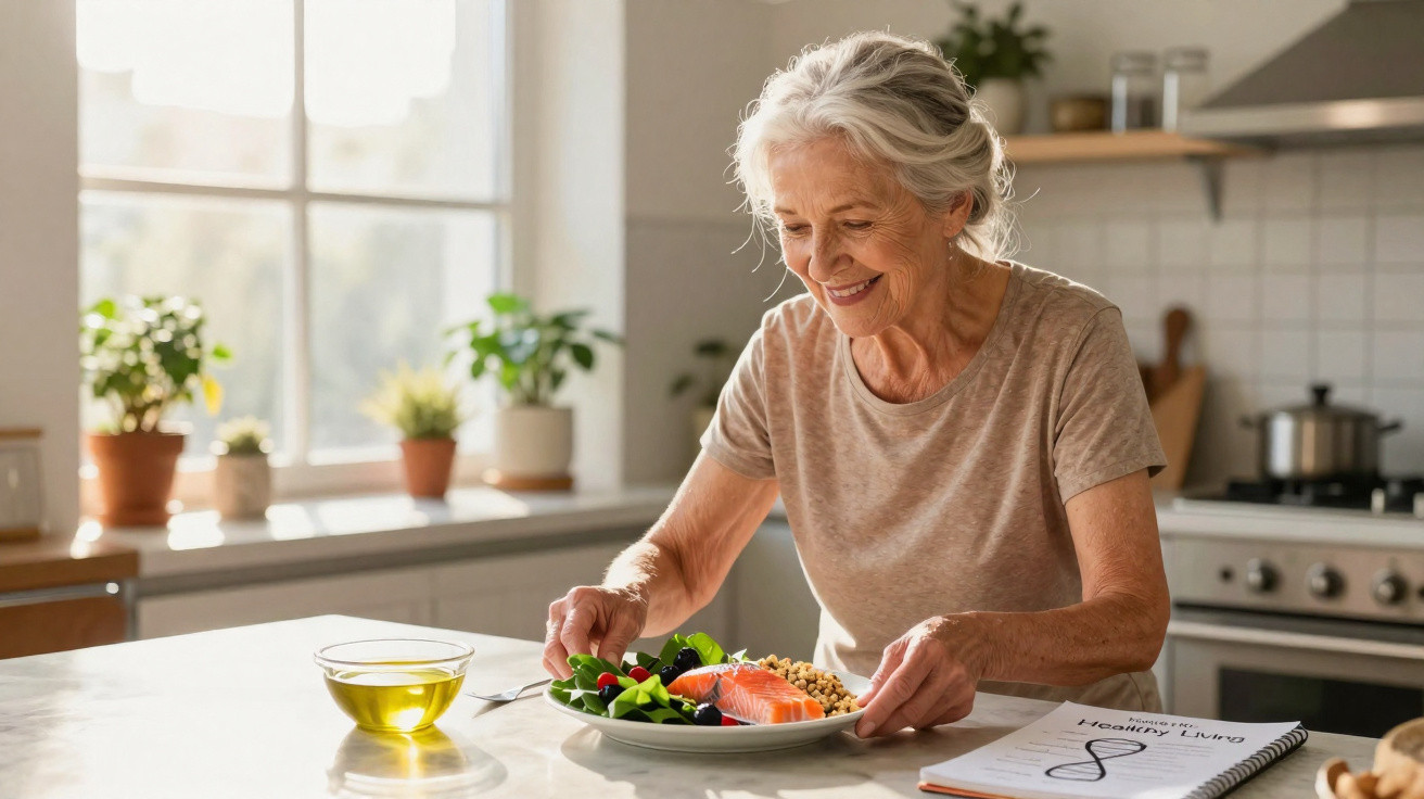 Mulher idosa feliz a preparar uma refeição saudável na cozinha luminosa com peixe e legumes.