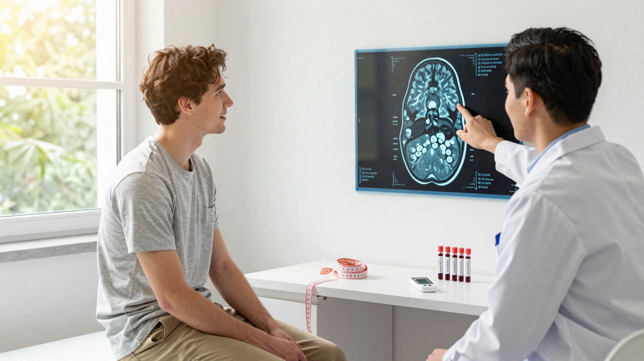 Médico a explicar imagem de ressonância magnética cerebral a paciente jovem numa consulta clínica.