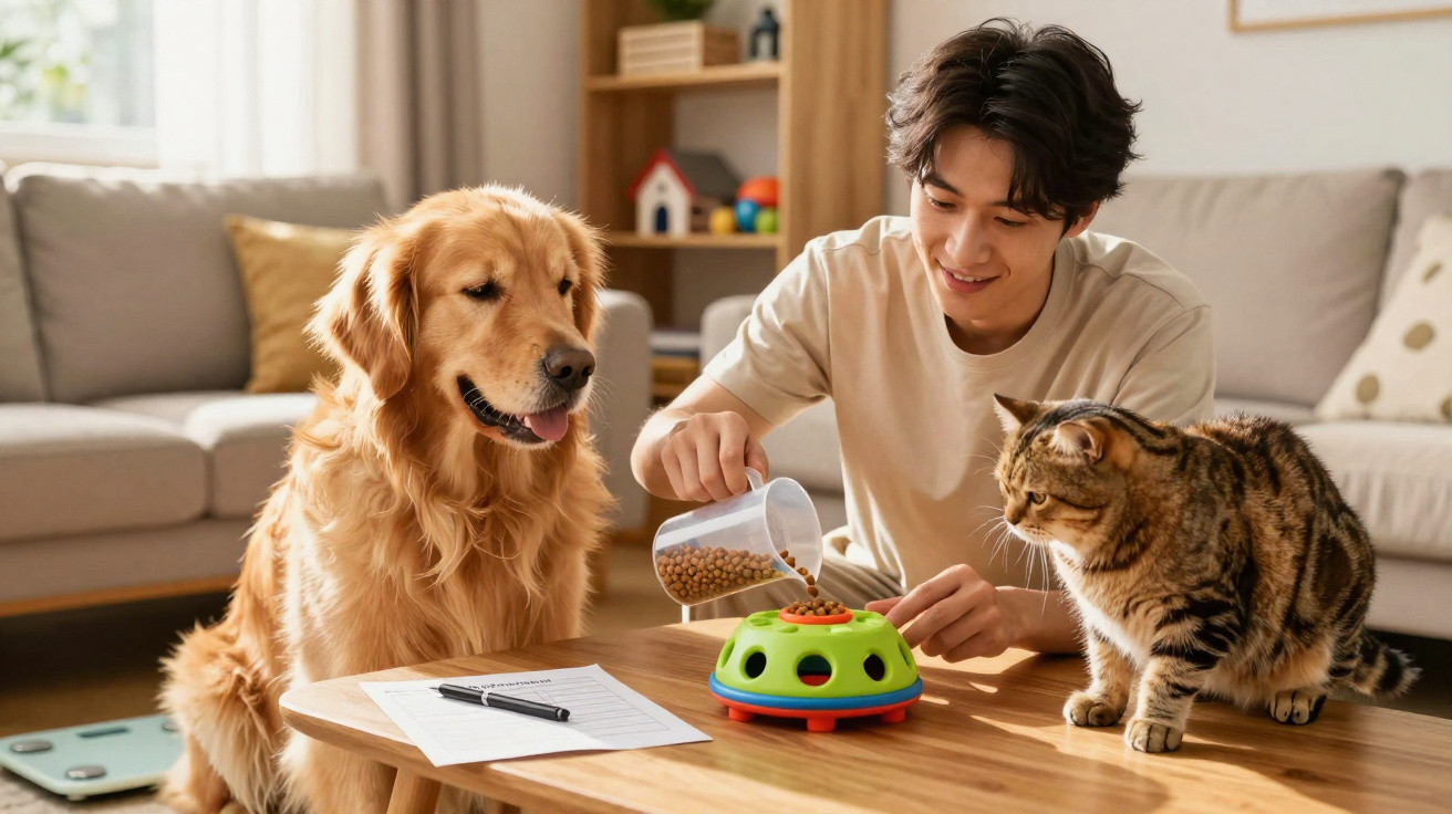 Homem a alimentar um cão e um gato com ração numa sala de estar acolhedora e iluminada.