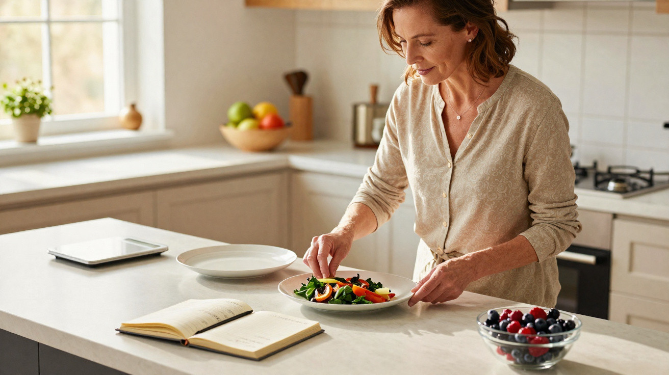 Mulher prepara salada numa cozinha iluminada, com caderno e tigela de frutos vermelhos na bancada.