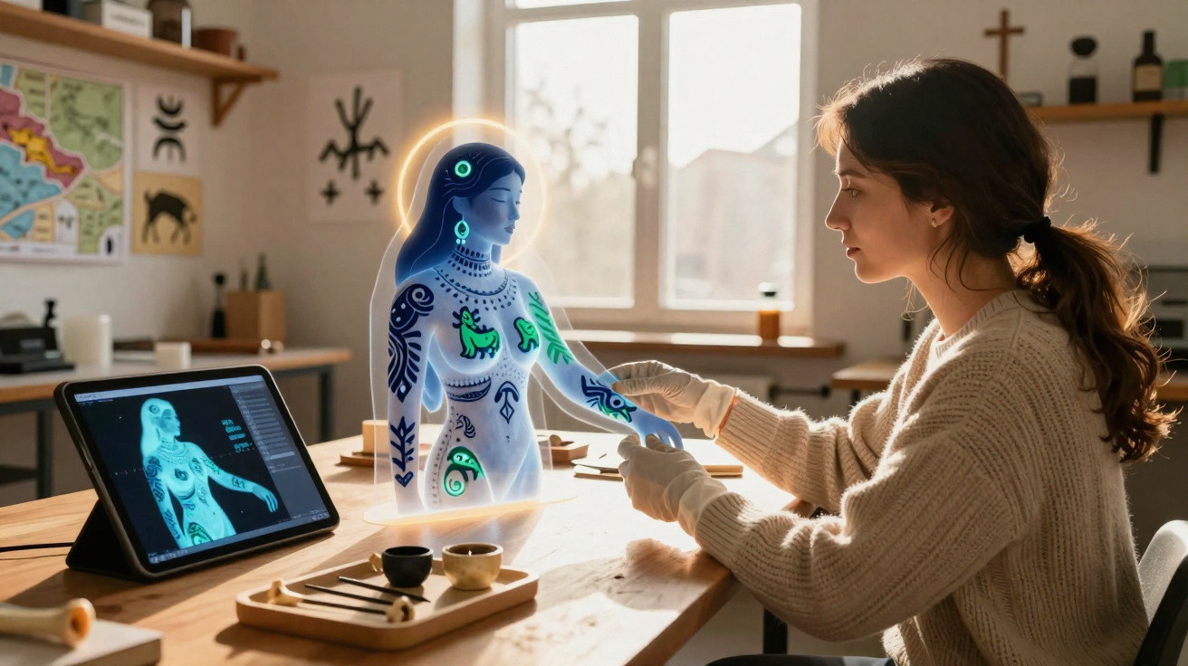 Mulher a criar uma escultura holográfica colorida numa mesa iluminada por luz natural.