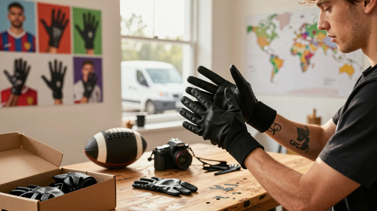 Homem coloca luvas pretas sentado à mesa com luvas, bola americana e máquina fotográfica.