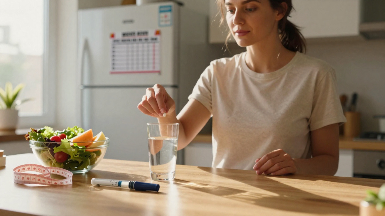 Mulher a colocar comprimido num copo de água na cozinha com salada, fita métrica e caneta para insulina na mesa.