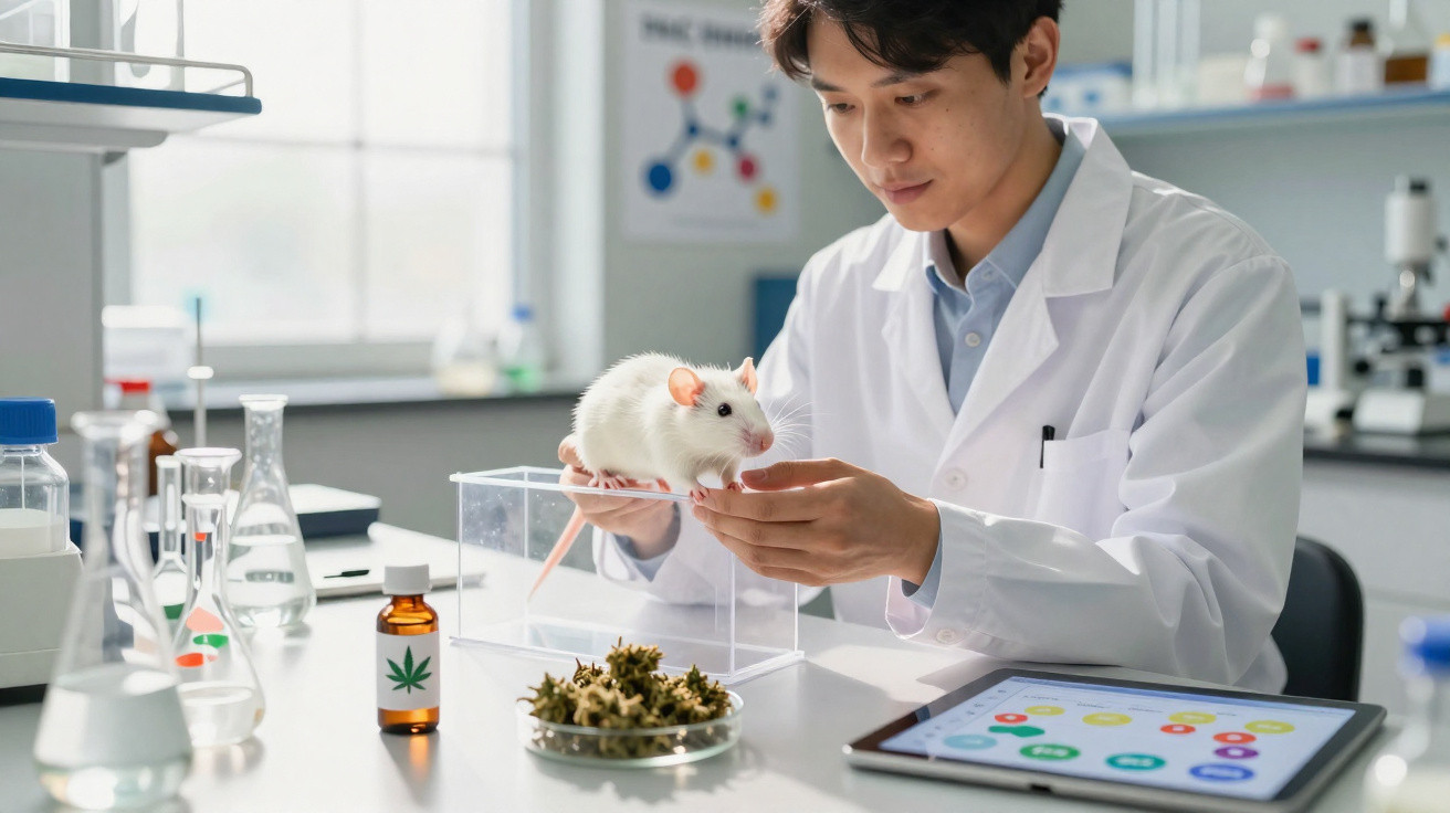 Cientista em laboratório segurando um rato branco próximo a uma caixa transparente e folhas de cannabis.