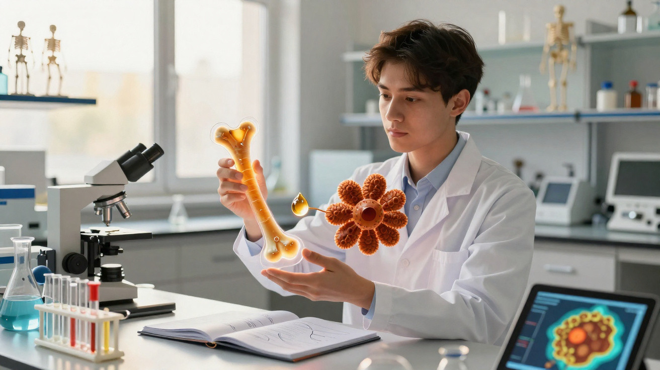 Jovem cientista numa sala de laboratório observa modelos 3D de osso e célula ao microscópio.