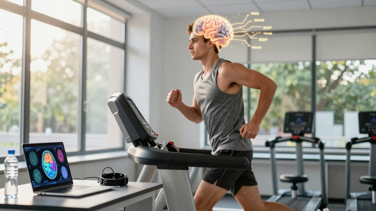 Homem a correr numa passadeira numa sala de ginásio com ilustração do cérebro ativa sobreposta e laptop com imagens cerebrais