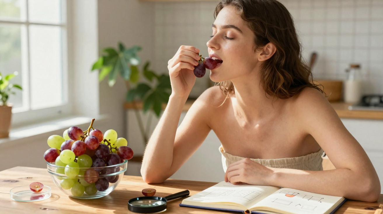 Mulher a comer uvas ao lado de uma tigela com uvas verdes e roxas, numa mesa com livro aberto.