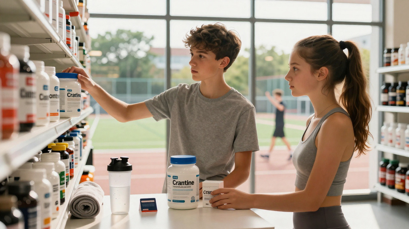Dois jovens em roupa desportiva escolhem suplementos numa prateleira numa loja ou ginásio com vista para pista exterior.