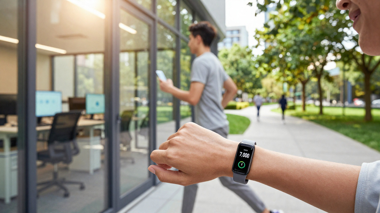 Pessoa a correr num parque a consultar smartwatch que marca 7.000 passos junto a escritório com janelas de vidro.