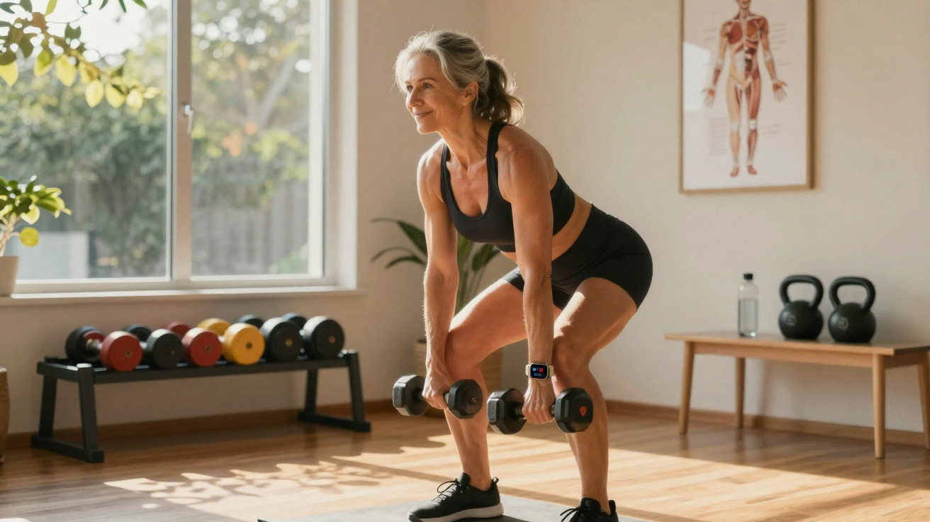 Mulher adulta a fazer exercício com halteres numa sala de treino iluminada e equipada.