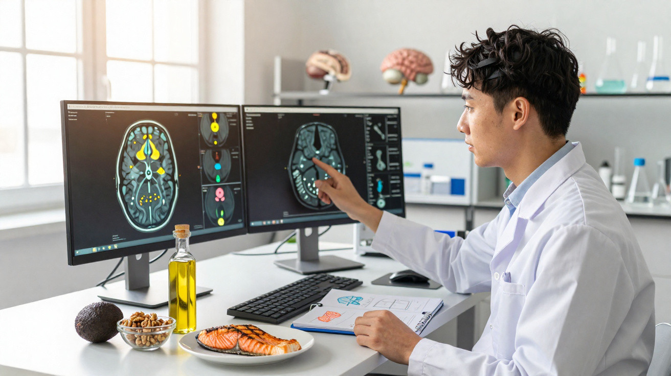 Cientista analisa imagens cerebrais em computador, com alimentos saudáveis sobre a mesa, num laboratório moderno.