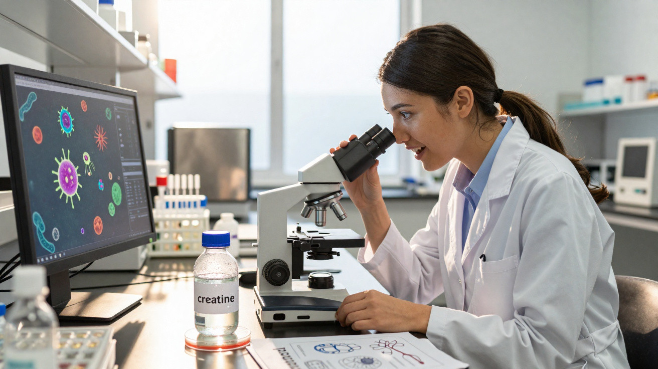 Mulher cientista em bata branca observa amostra ao microscópio em laboratório com imagens de vírus no computador.