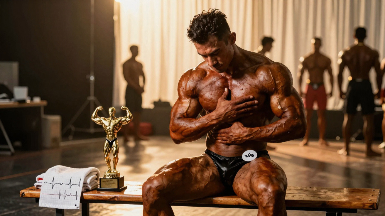 Atleta de culturismo sentado num banco, com troféu ao lado, em ambiente de competição com outros participantes desfocados.