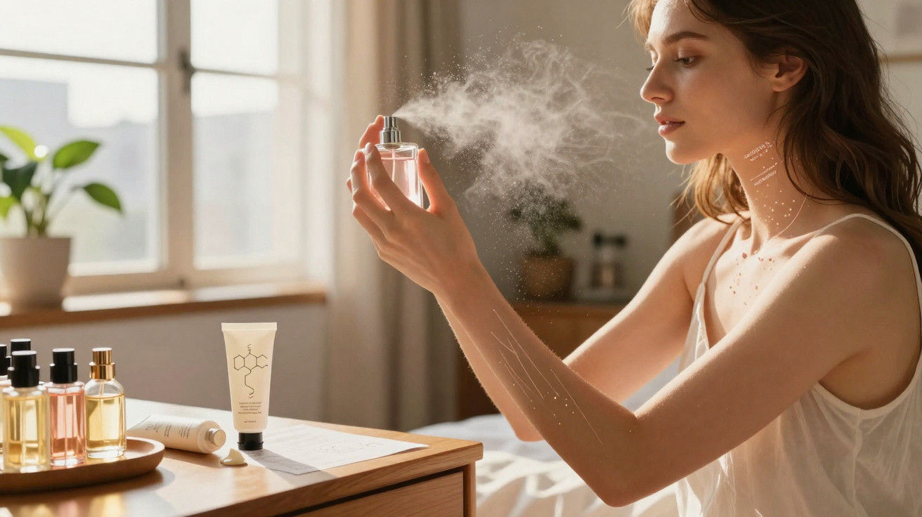 Mulher a aplicar perfume em spray no braço, sentada perto de uma mesa com produtos de beleza.