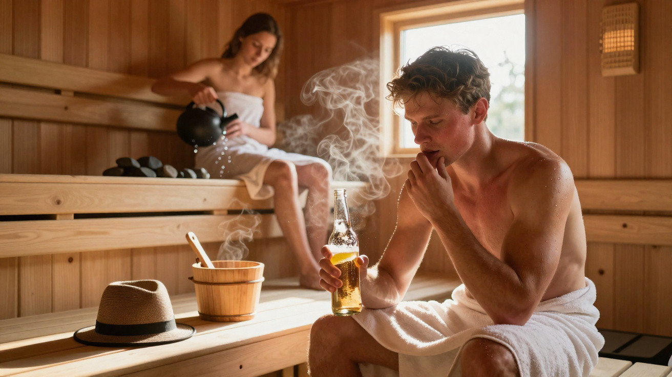 Homem e mulher relaxam numa sauna de madeira, ele com toalha e cerveja, ela com toalha a deitar água nas pedras.
