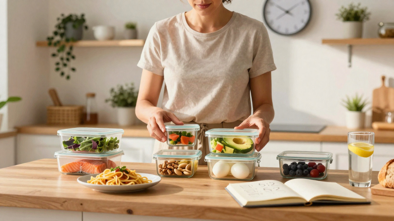 Mulher a organizar alimentos frescos em recipientes de vidro numa cozinha luminosa e moderna.