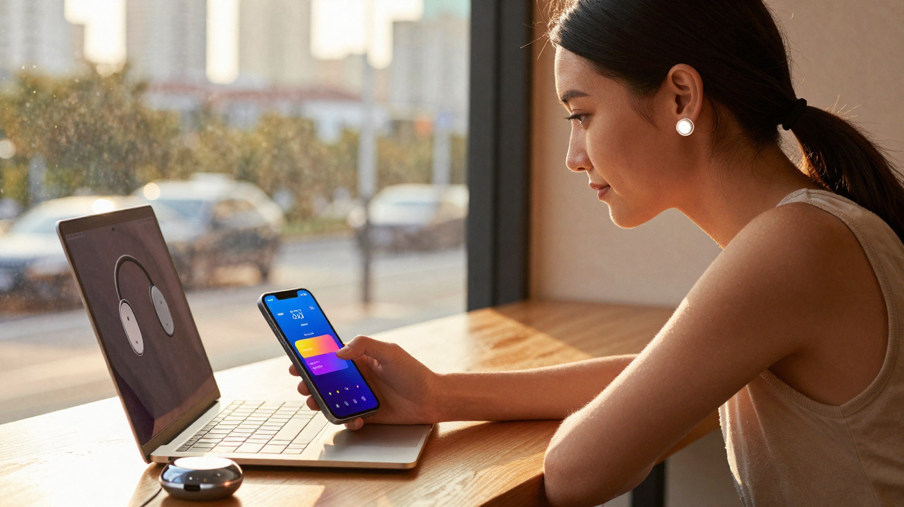 Mulher sentada junto a janela a usar telemóvel com laptop aberto e auriculares na secretária.