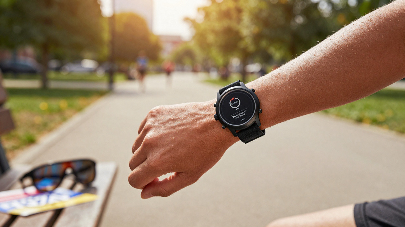 Braço com relógio smartwatch preto num parque, mostrando dados de exercícios a correr ao pôr do sol.