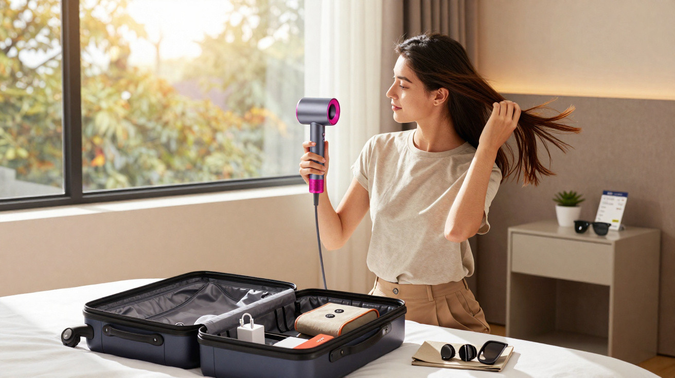 Mulher a secar o cabelo com um secador junto a uma mala aberta num quarto claro.