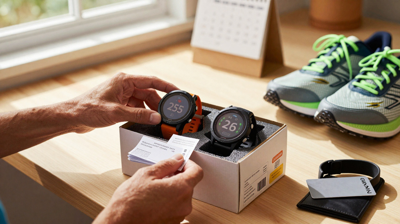 Pessoa a ler cartas enquanto observa dois relógios desportivos novos em caixa, ténis e pulseira Garmin numa mesa.