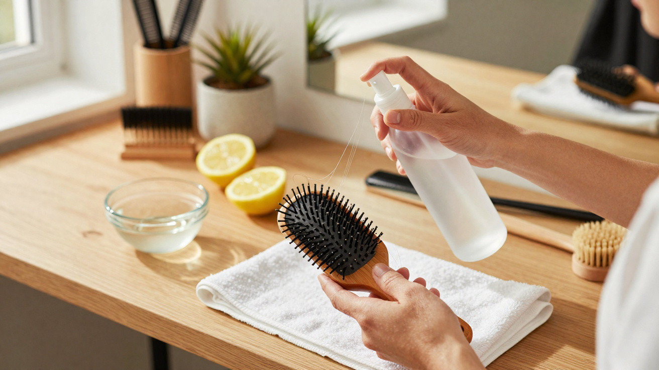 Pessoa a pulverizar líquido numa escova de cabelo numa secretária com toalha e limões cortados ao meio.