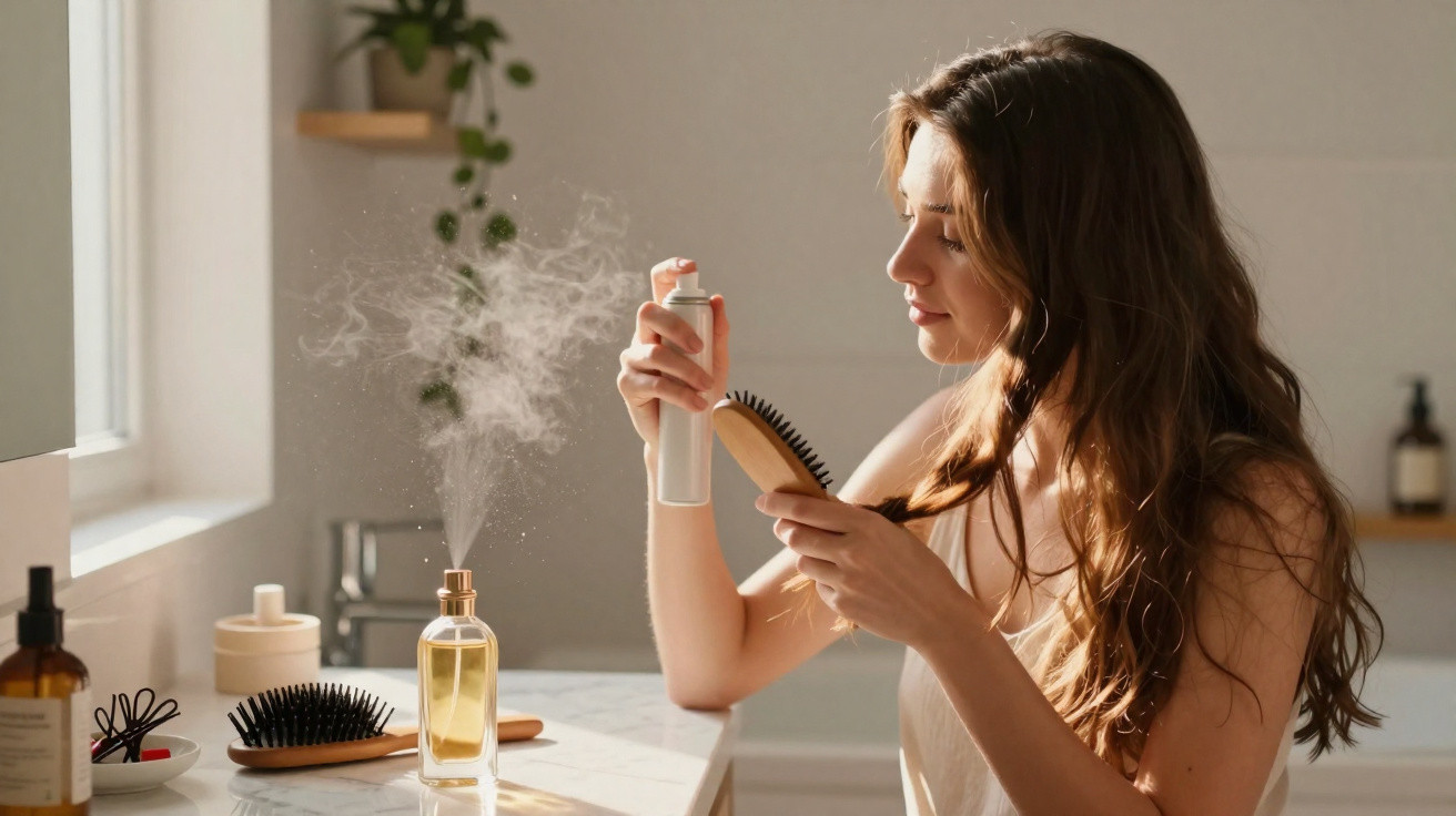 Mulher a aplicar spray num pente, com luz natural, num ambiente doméstico iluminado.